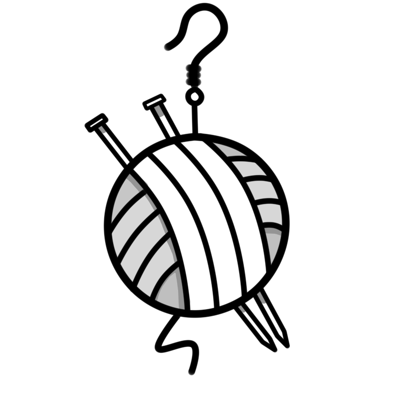 Clip art of a small yarn ball with knitting needles stuck in to it, hanging off an earring hook.